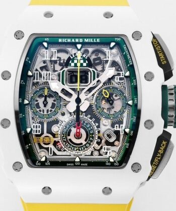 Richard Mille Fake RM11 White Ceramic Yellow Rubber Strap