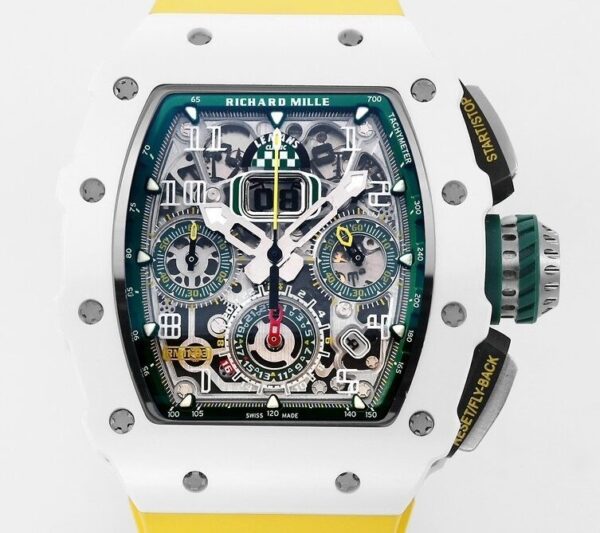 Richard Mille Fake RM11 White Ceramic Yellow Rubber Strap