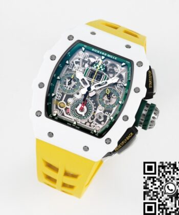 Richard Mille Fake RM11 White Ceramic Yellow Rubber Strap