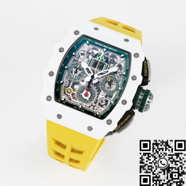 Richard Mille Fake RM11 White Ceramic Yellow Rubber Strap