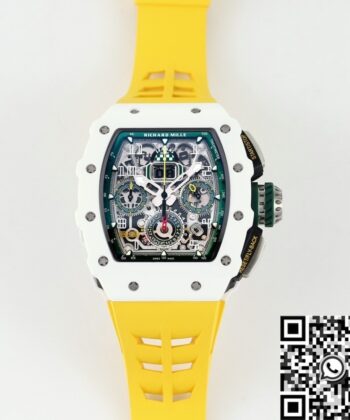 Richard Mille Fake RM11 White Ceramic Yellow Rubber Strap