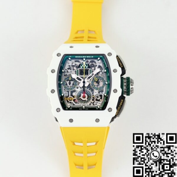 Richard Mille Fake RM11 White Ceramic Yellow Rubber Strap