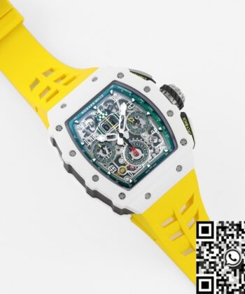 Richard Mille Fake RM11 White Ceramic Yellow Rubber Strap