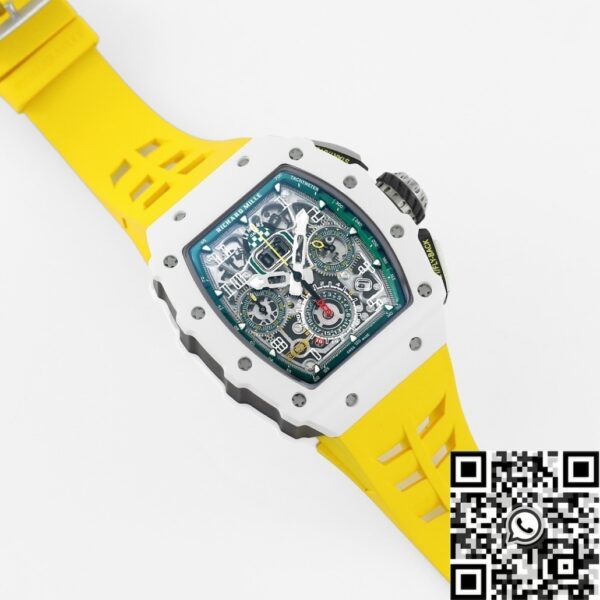 Richard Mille Fake RM11 White Ceramic Yellow Rubber Strap
