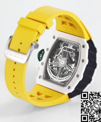 Richard Mille Fake RM11 White Ceramic Yellow Rubber Strap