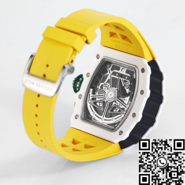 Richard Mille Fake RM11 White Ceramic Yellow Rubber Strap