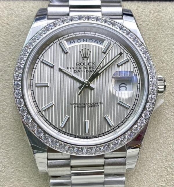 Silver Rolex Day Date M228349RBR-0007 White Gold Size 40mm