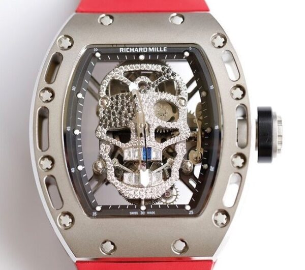RM Richard Mille RM052 Diamond Skull Red Rubber Strap Watch