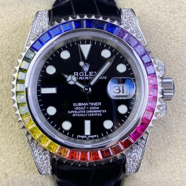 IPK Custom Rolex Submariner Rainbow Diamond Bezel Black 40